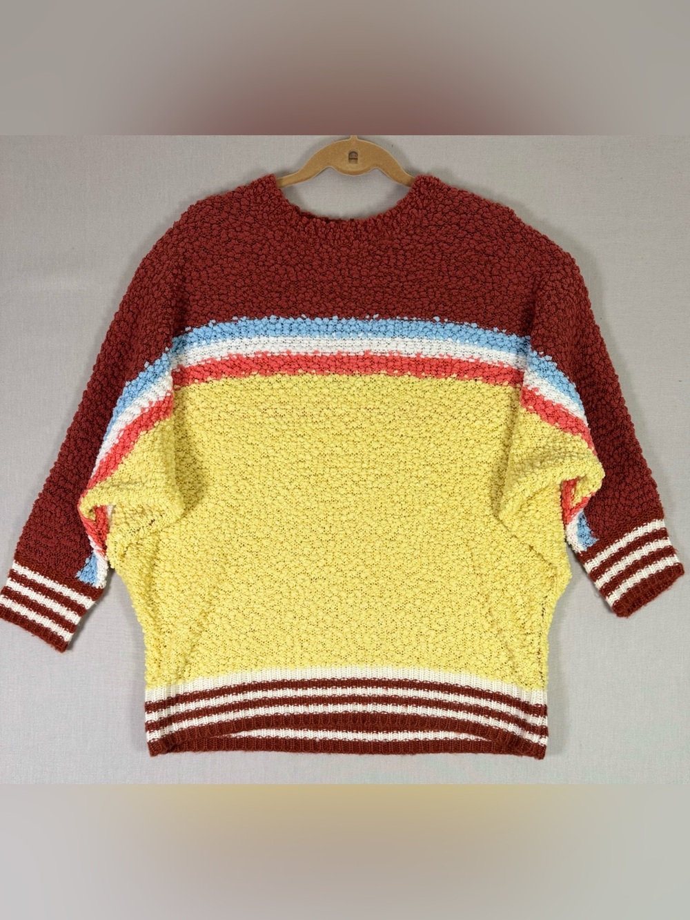 DAVI & DANI Colorblock Popcorn Knit Sweater - Yellow & Rust with Blue Accents